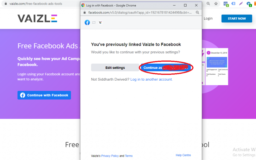 continue by authorizing Vaizle to access your FB ad account for audit