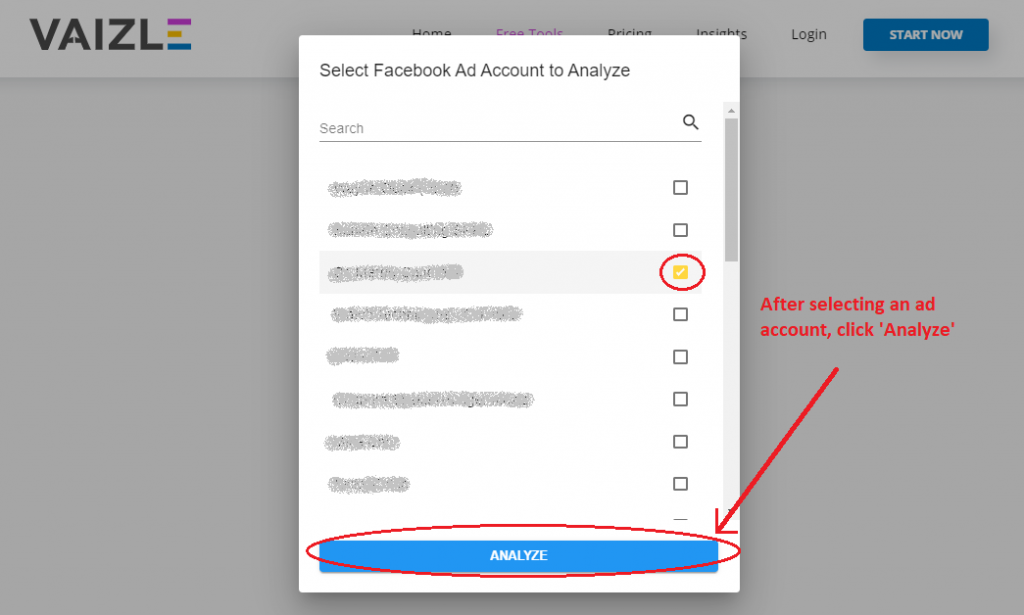 select a facebook ad account for audit