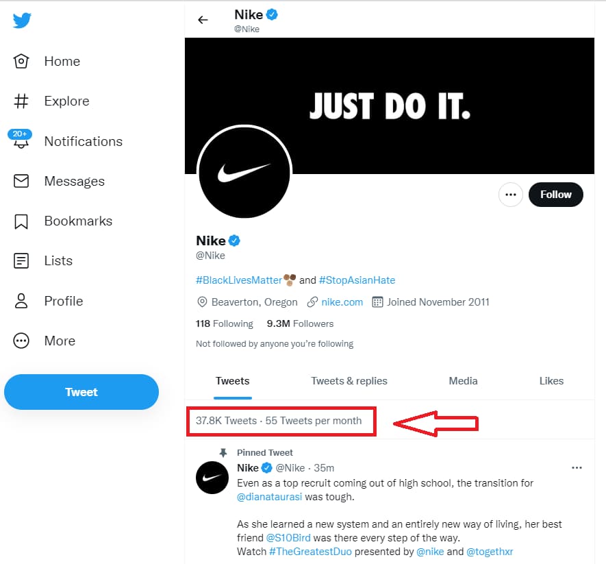 Nike's post on Twitter