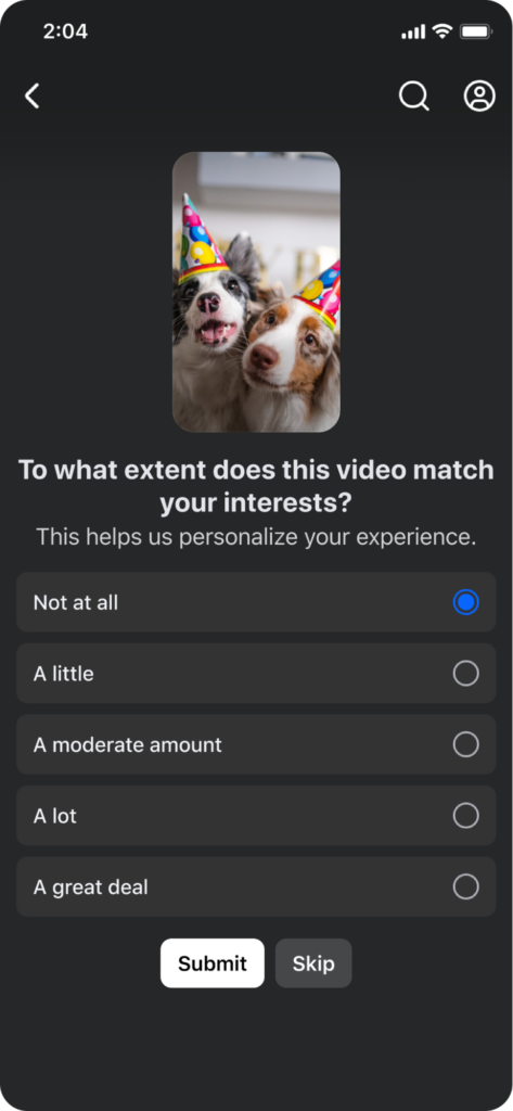 Instagram asking users whether they liked the reel they watched or not.
