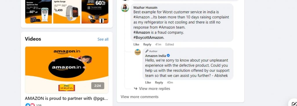 how amazon facebook replies