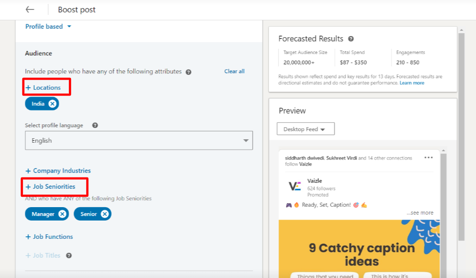 select locations or company industries to boost a posts on linkedin 