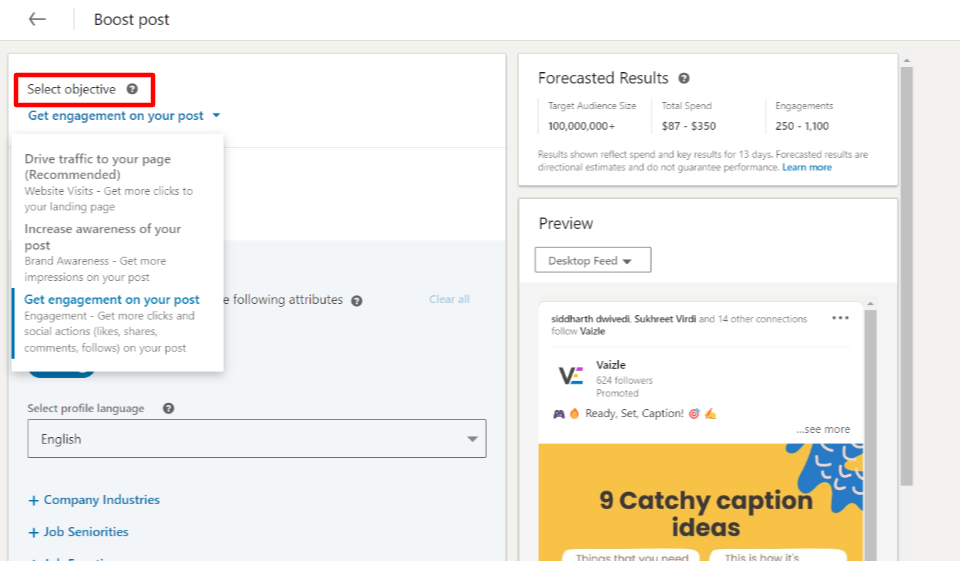 choose objective to boost posts on linkedin 