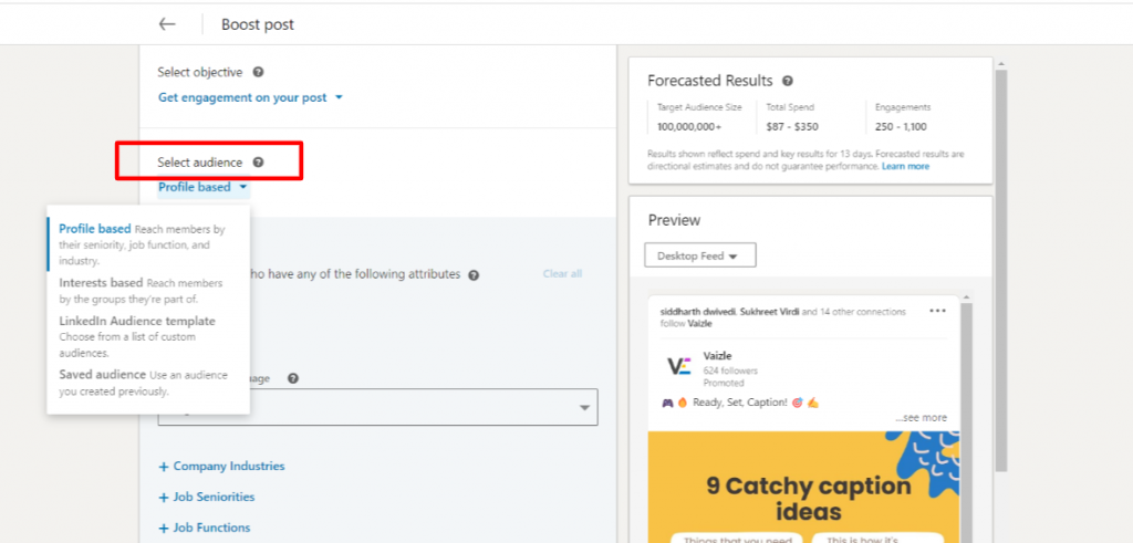 select audience to boost a linkedin posts 