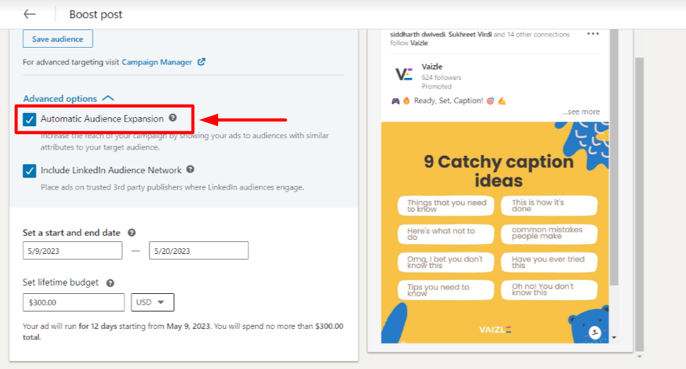 choose Auto Automatic Audience Expansion for advanced options to boost a linkedin posts 