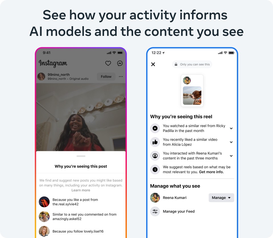AI recommends  20% of the content 
on individual's feed 