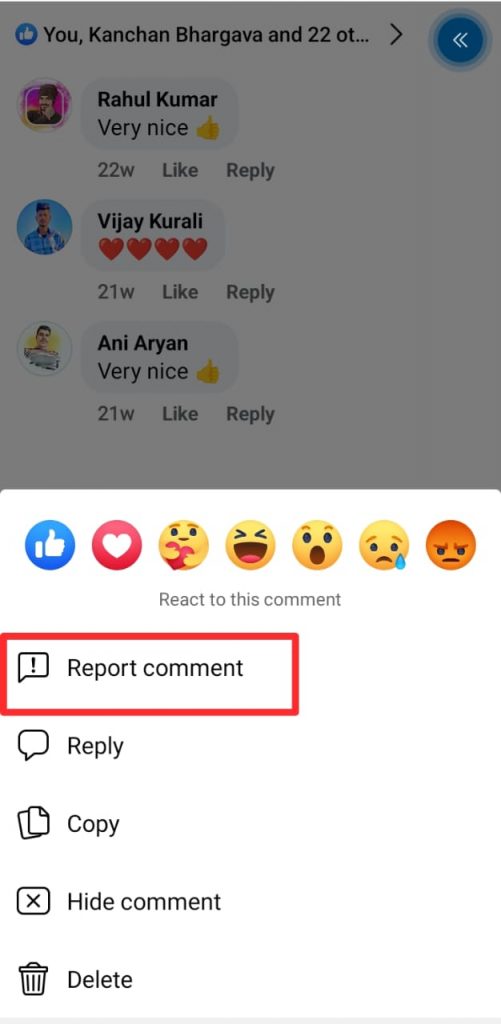 Report  Comment from facebook 
