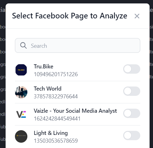 Select Facebook Page to Analyze with Vaizle 
