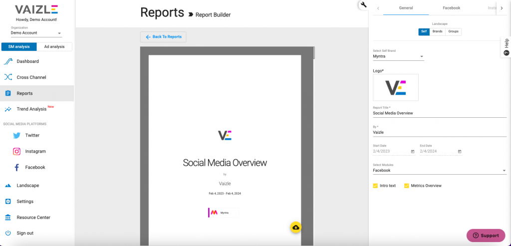 Customize your white label social media report through vaizle marketing analytics suite 