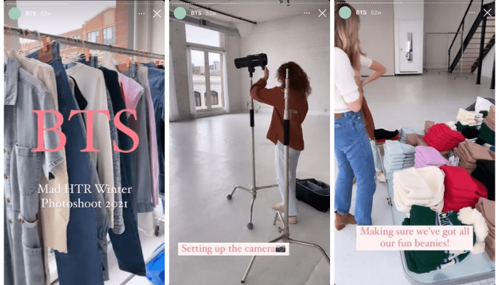 Instagram story ideas: clothing brand sharing behind-the-scenes