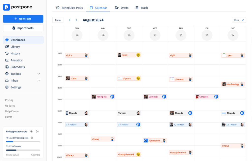 Dashboard screenshot of Postpone (an Instagram scheduling tool)