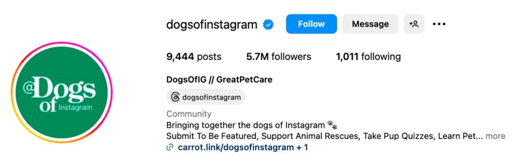 Screenshot of a dog profile on Instagram with a pet-inspired IG handle.