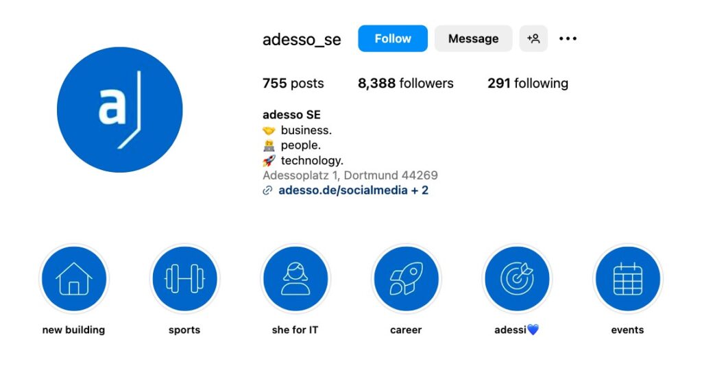 Screenshot featuring a cool and short Instagram bio from a brand known as Adesso