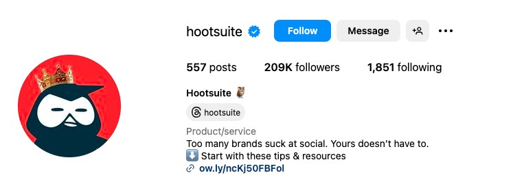 Screenshot of Instagram bio of Hootsuite.