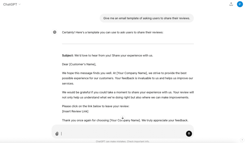 ChatGPT screen of user asking for an email template.