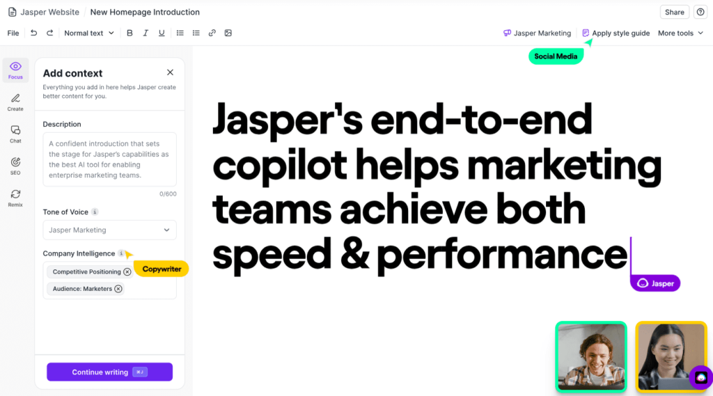 Jasper AI writing tool interface 