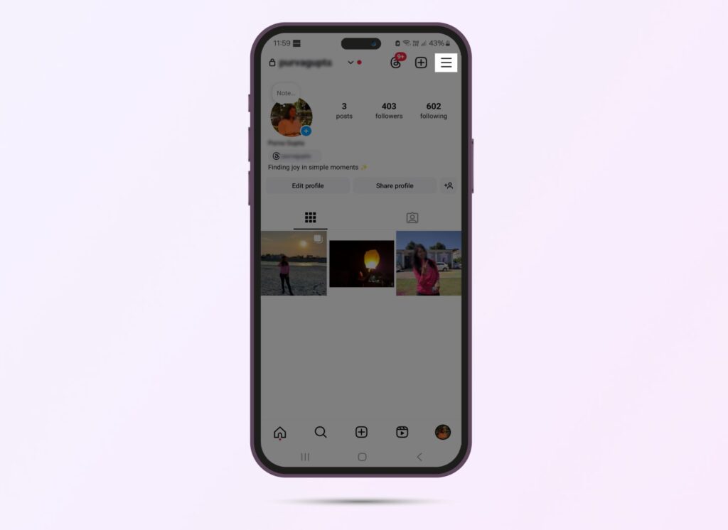 Screenshot of Instagram profile showing a user’s profile with the settings button highlighted. 
