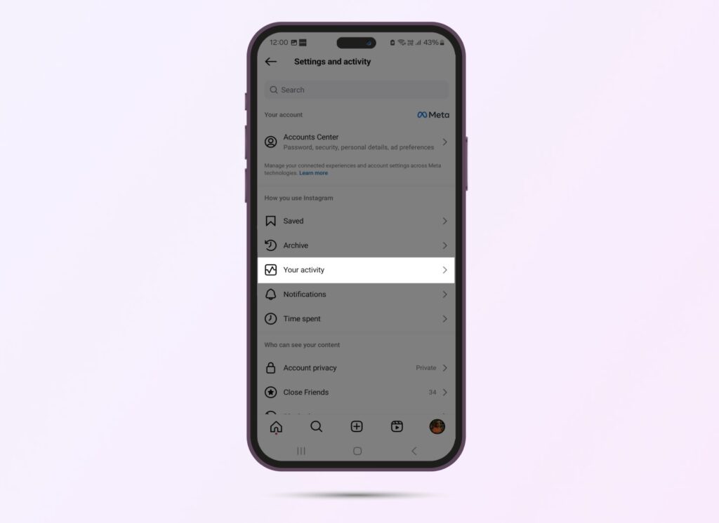 Screenshot of Instagram’s settings section, with Your Activity highlighted.