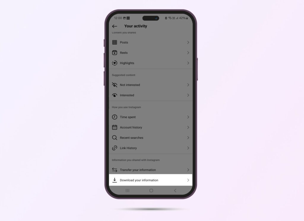 Screenshot of Instagram’s Your Activity section, with Download your Information highlighted.