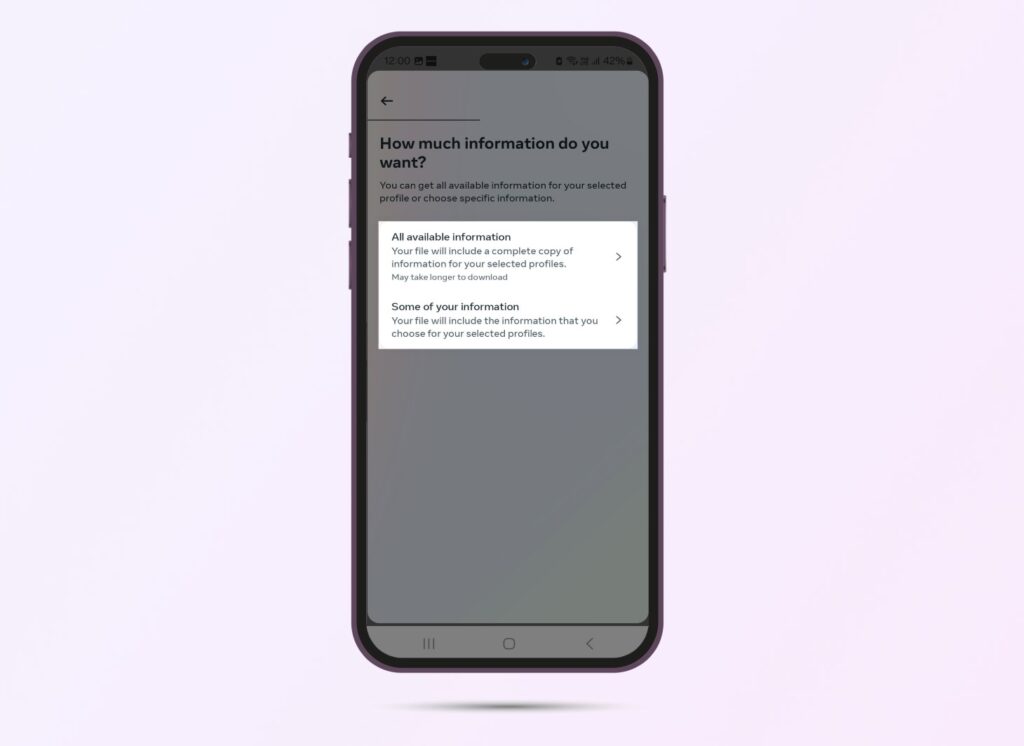 Instagram screenshot showing two options for data download: All information and some of the available information.