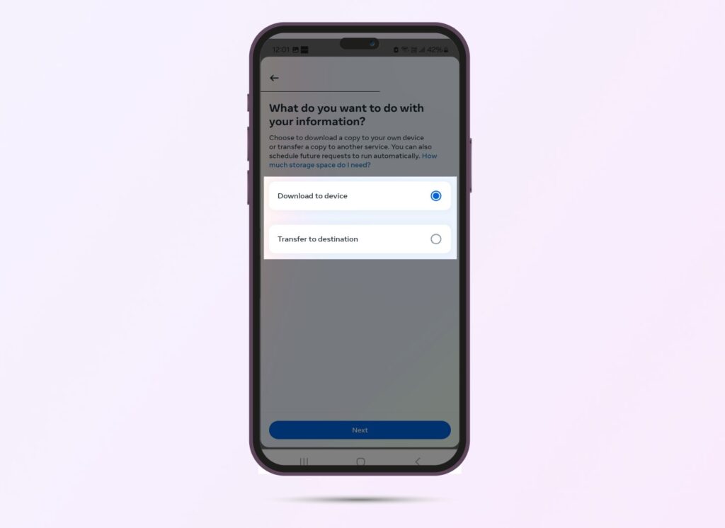 Instagram screenshot showing two options regarding where you want to download data: Download to device or Transfer to a destination. 