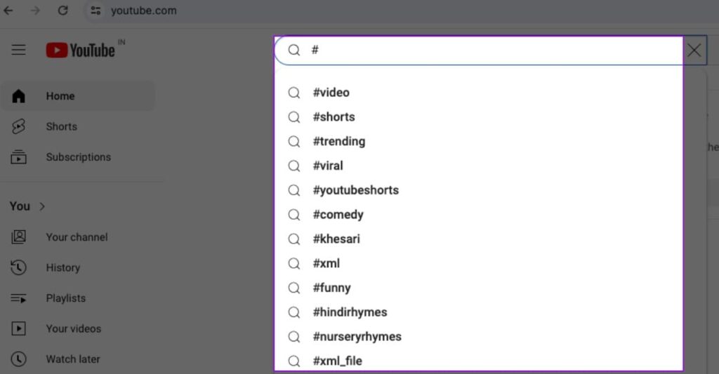 Screenshot of YouTube search feature with hashtags