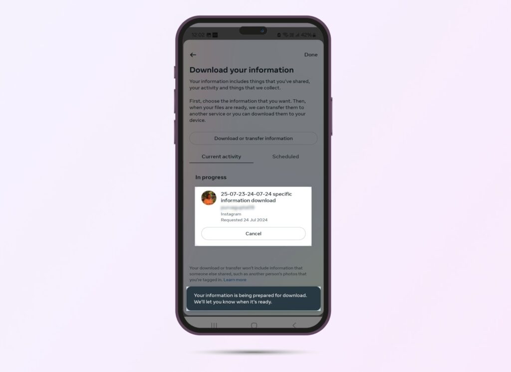 Instagram screenshot showing data download in progress. 