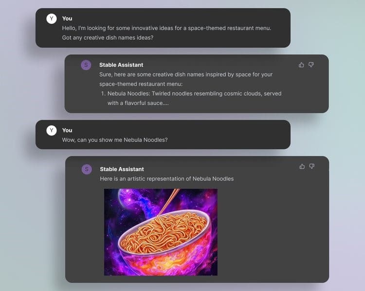 Screenshot of Stable Assistant chatbot giving both text and AI generative art recommendations.