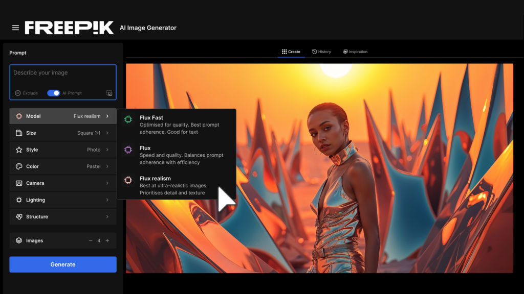 Screenshot of Freepik AI Image Generator tool