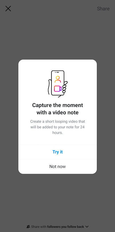 Instagram video note pop-up screenshot