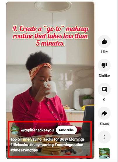 Screenshot of hashtags being used in description of YouTube Shorts. 