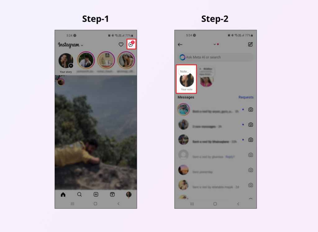 Instagram screenshots showing how to add note on Instagram. 