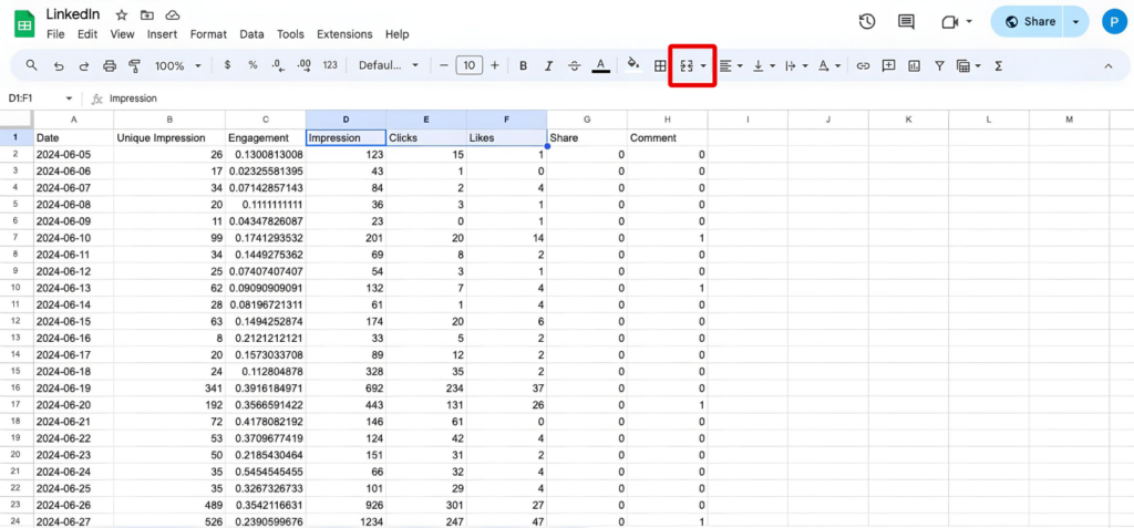 Screenshot of a Google Sheet highlighting the merge button