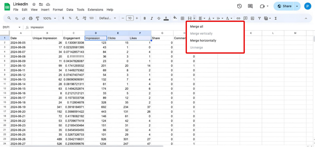 Screenshot of a Google Sheet highlighting different options for merging cells