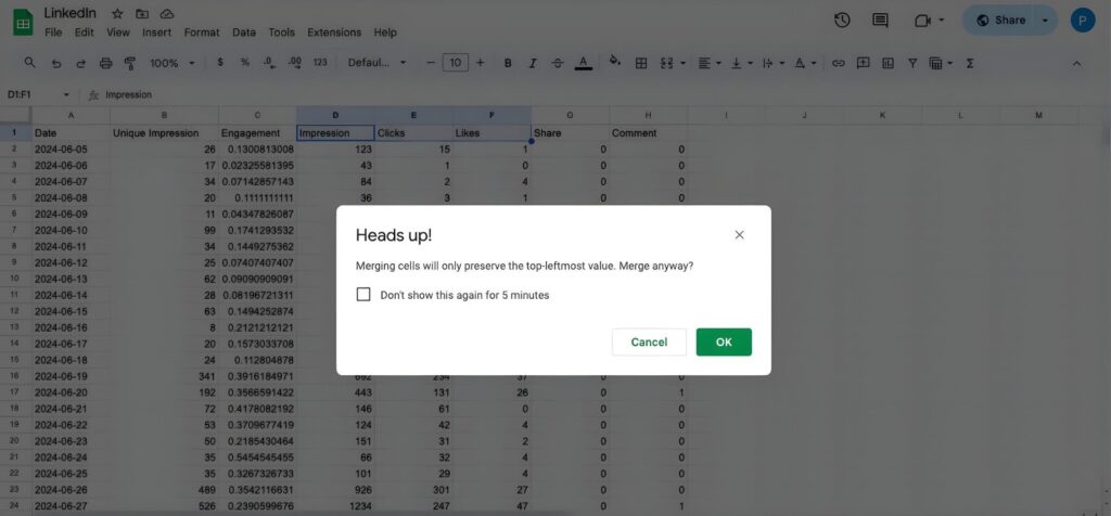 Screenshot of a Google Sheet highlighting the merge cells confirmation pop-up