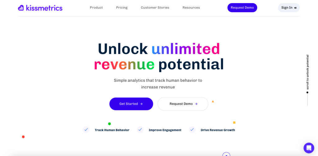 Screenshot of Kissmetrics home page. H1 reads "Unlock unlimited revenue potential."