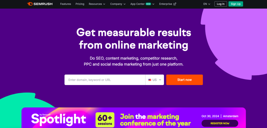 Screenshot of website landing page of Semrush. H1 text reads ”Get measurable results from online marketing,” which is followed by a search tab where the user can enter a keyword, domain, or a URL to analyze