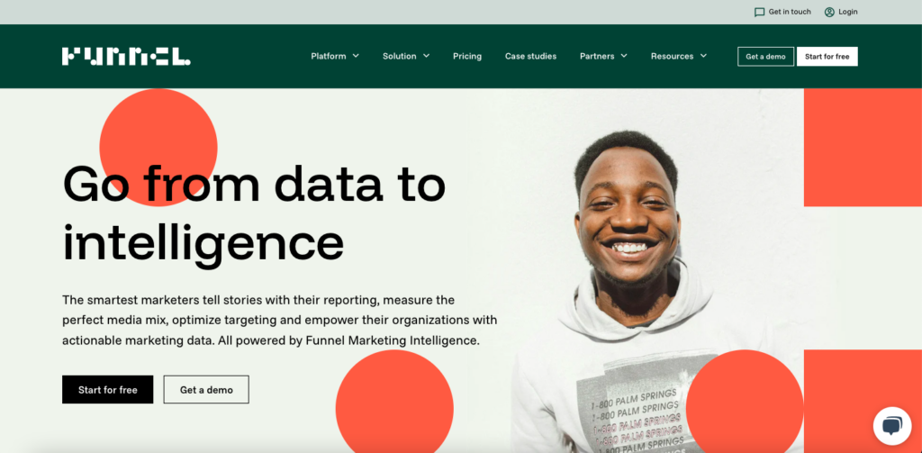 Screenshot of the Funnel website’s landing page. Main heading reads ”Go from data to Intelligence,” followed with a Get Started button