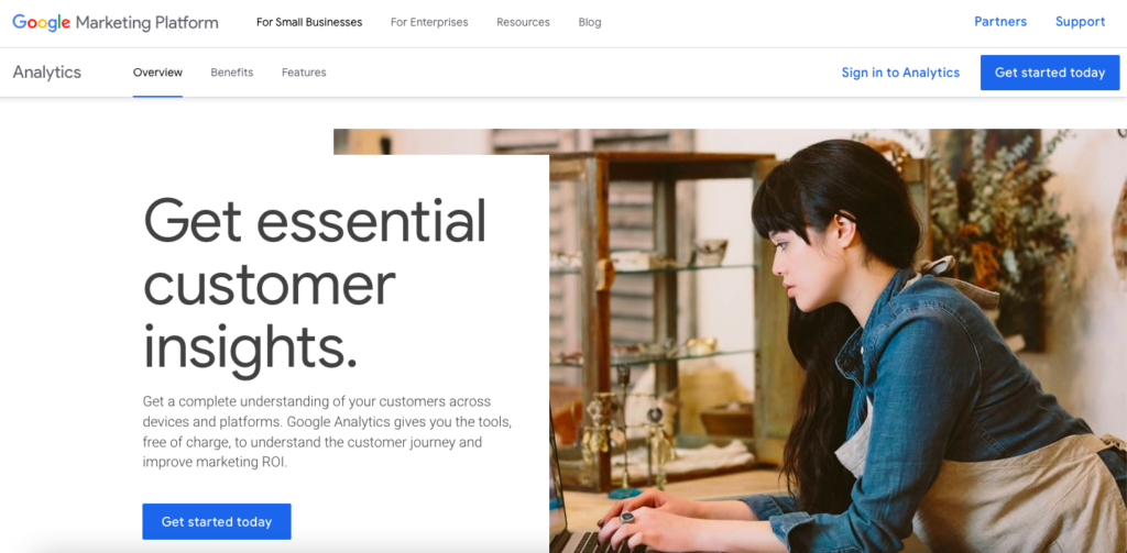 Screenshot of Google Marketing Platform’s Analytics section. H1 text reads ”Get essential customer insights,” which is followed by a call-to-action button of ”Get Started Now.” 