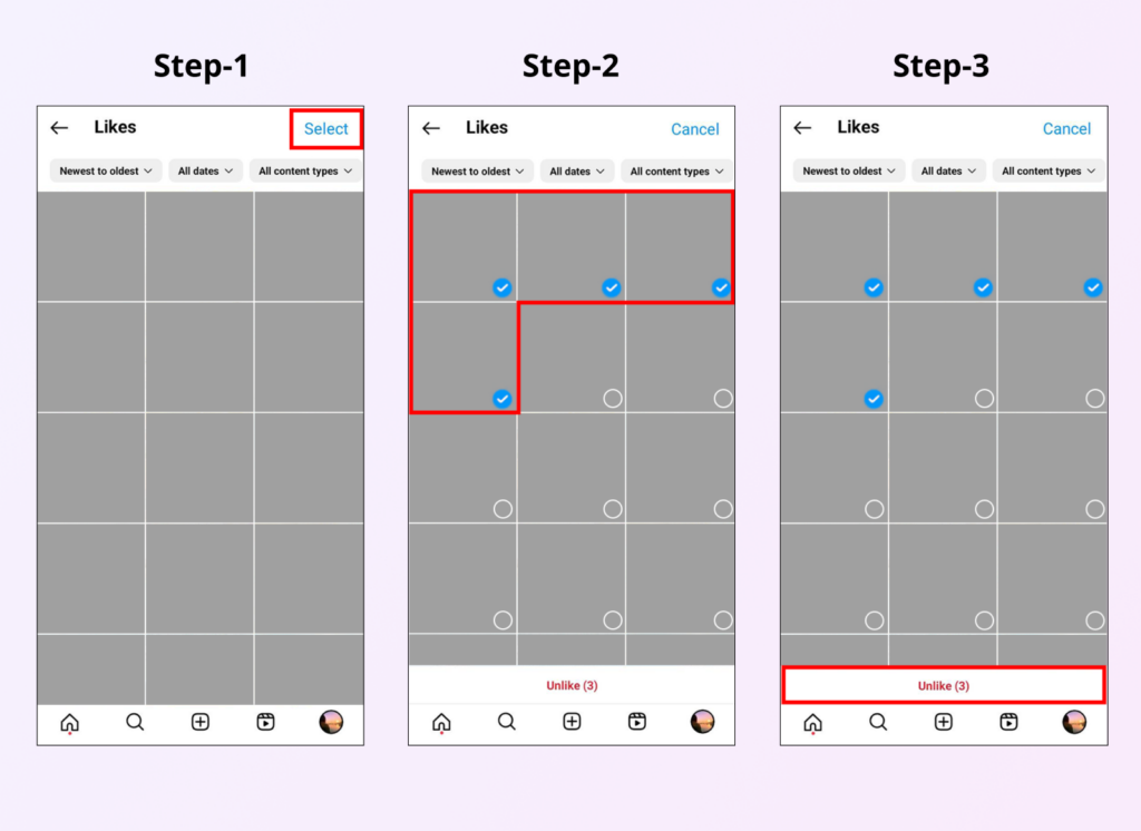 Screenshots depicting how to unlike multiple posts on Instagram at once