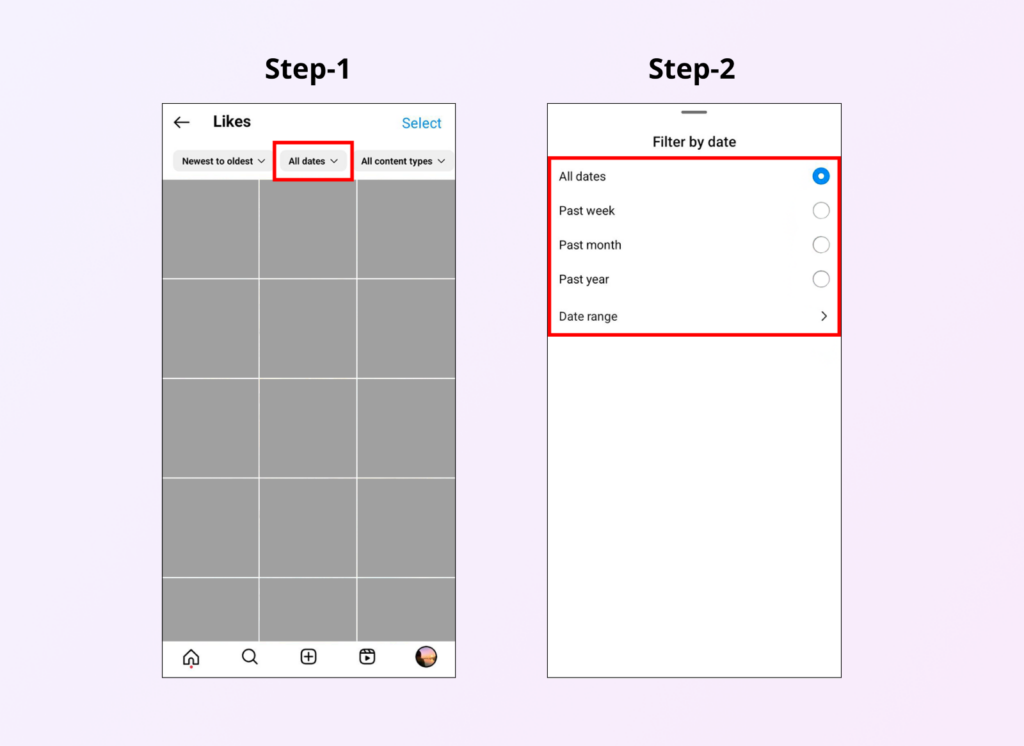 screenshots depicting how to see your Instagram likes sorted by date