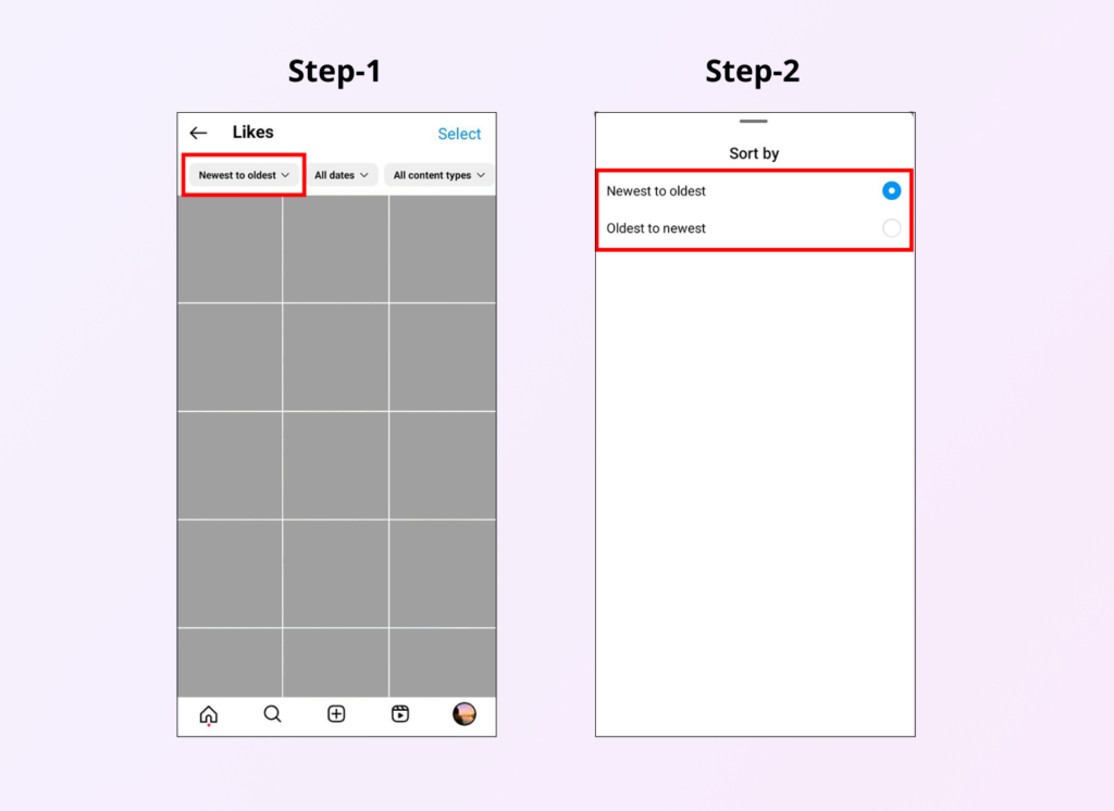 Screenshots depicting how to sort your instagram likes by newest to oldest