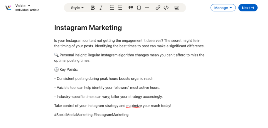 Screenshot of LinkedIn article editor showing how to add hashtags.  