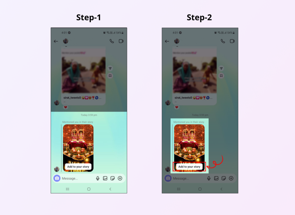 Screenshots depicting the process of how to repost on Instagram.