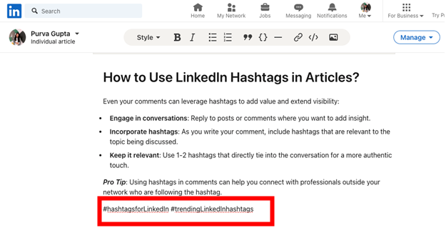 Screenshot of LinkedIn article editor showing how to add hashtags.  