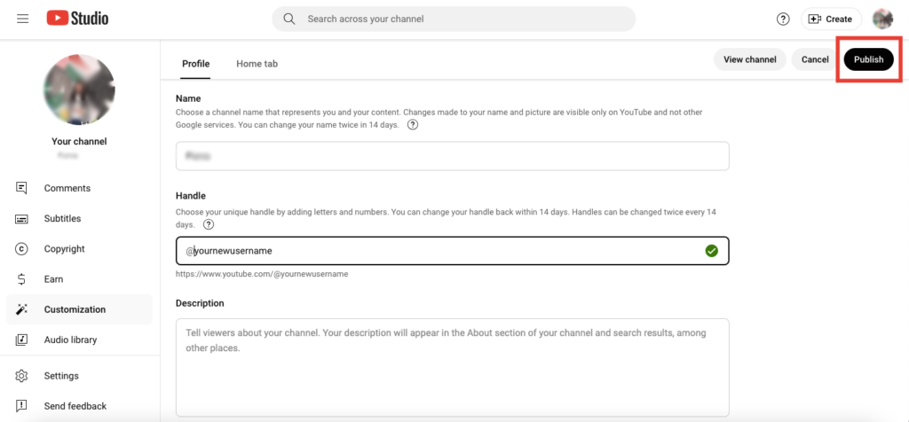 Screenshot showing how to publish your new YouTube username. 