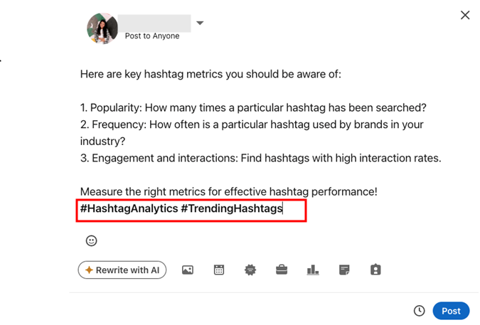 Screenshot showing how to add hashtags to LinkedIn posts.