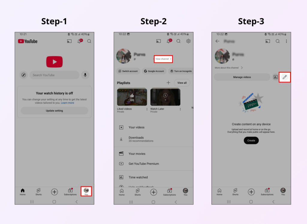 Screenshots depicting a user opening YouTube app on mobile device and going to channel settings.