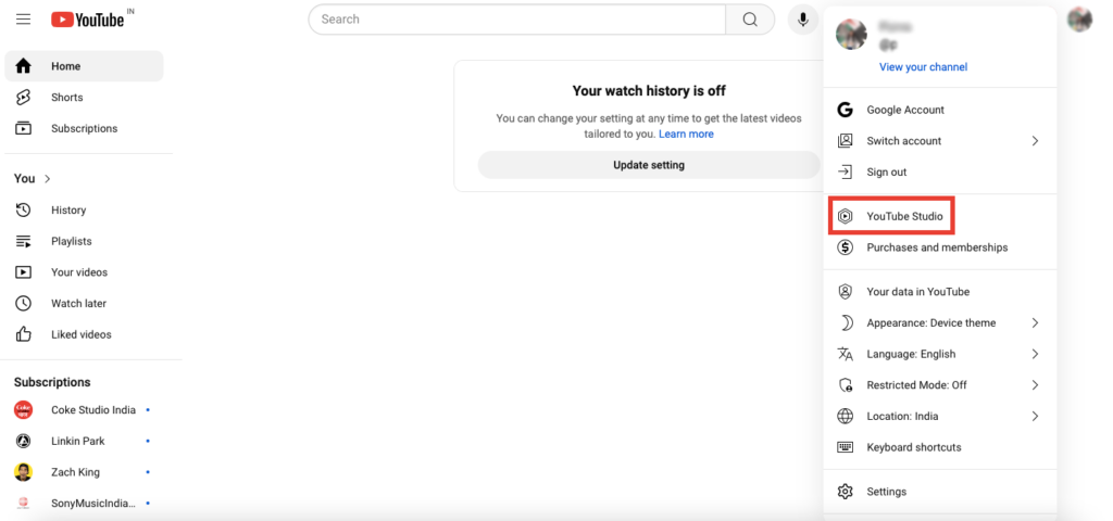 Screenshot showing how you can access the YouTube Studio