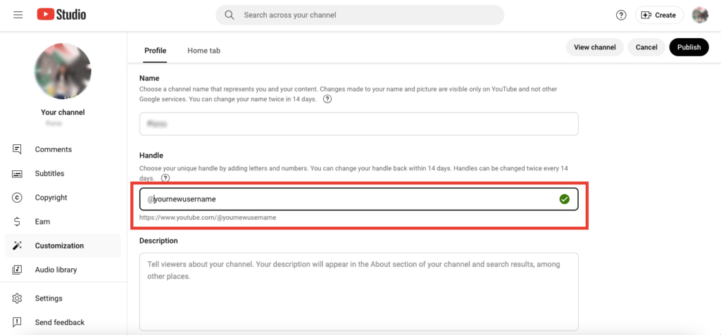 Screenshot showing the section where a user can edit their YouTube channel username.